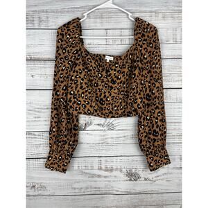 Crescent Leopard Long Sleeve Puff Top Crop Smocking Medium Boho Festival Western